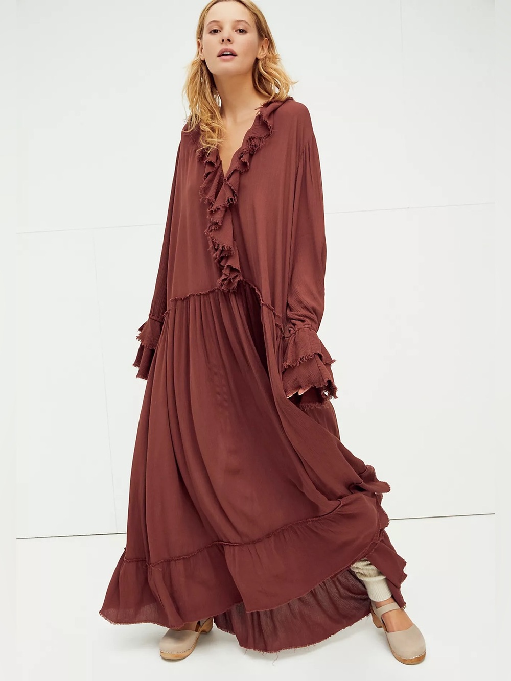 Free People Rust Brown Ruffled Maxi Dress